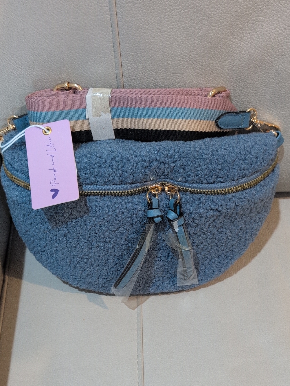 Blue Sherpa Crossbody Belt Bag with Striped Guitar Strap - NWT